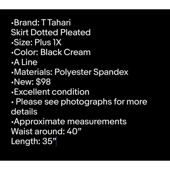 NWT Tahari Skirt Dotted Pleated Plus 1X Black Cream Polyester Elastic Waist - Picture 3 of 7